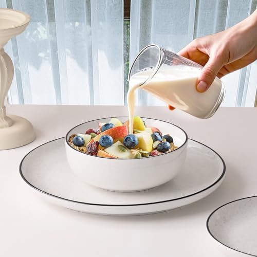 Plates and Bowls Sets for 4,12 Pieces Ceramic Dish set, White Dinnerware Set for Kitchen, Modern Design Plate Sets with Black Rim, Microwave and Dishwasher Safe
