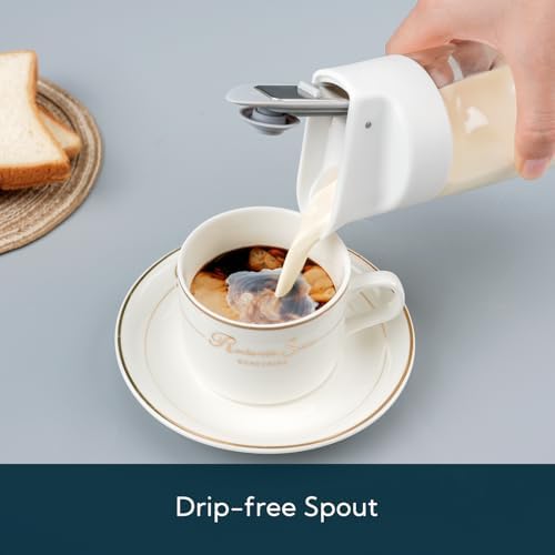 KITCHENDAO Glass Creamer with Fresh-Keeping Lock Mechanism, Drip-free Spout, 12 oz Milk Pitcher with Lid, Borosilicate Glass Creamer Container, Dishwasher Safe