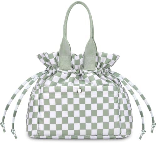 Yarnic Lunch Bag Women Lunch Box with Water Bottle Holder (Green Checkered)