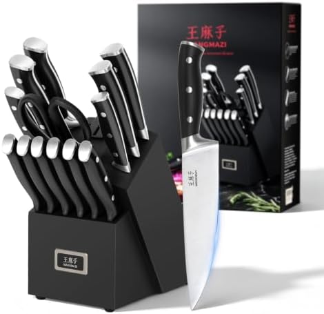 WANGMAZI 15‑Pcs Knife Block Set, High Carbon Steel, Black Pro