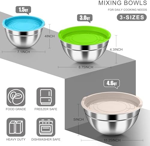 HaWare Mixing Bowls with Airtight Lids, 6-Piece Stainless Steel Salad Bowls