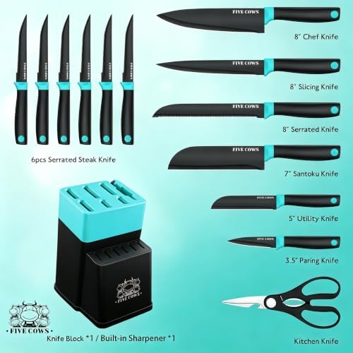 14 Pcs Kitchen Knife Block Set with Sharpener (Green)