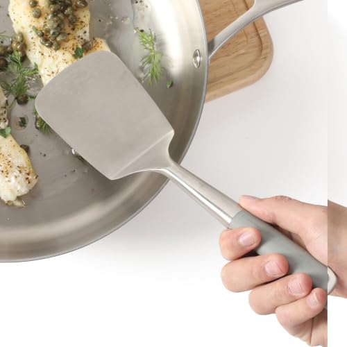 Calphalon Edge Solid Turner, Cooking Spatula, Kitchen, Stainless Steel with Silicone Heat Resistance Handle, Nonstick-Safe Spatula with Ergonomic Handle (Taupe), Turner (Pack of 4)