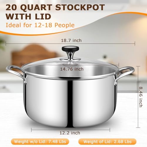 Tri-Ply Stainless Steel Stock Pot, 20 Quart Heavy Duty Induction Cooking Pot with Visible Lid for Pasta, Soup, Spaghetti, Sturdy & Double Handle, Dishwasher Safe