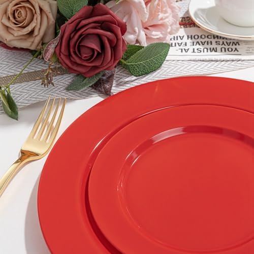 FLOWERCAT 200PCS Red Plastic Plates Disposable Plates for Party - Heavy Duty Plastic Plates - 10" &7" Plate for 100 Guests Parties and Events &July 4th