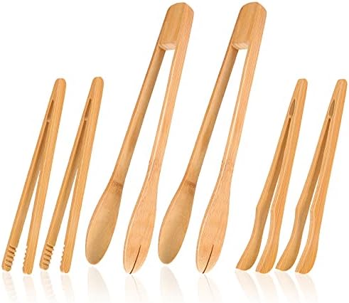 Zopeal 6 Pcs 7 and 12 Inch Bamboo Toaster Tongs, Wooden Tongs for Cooking