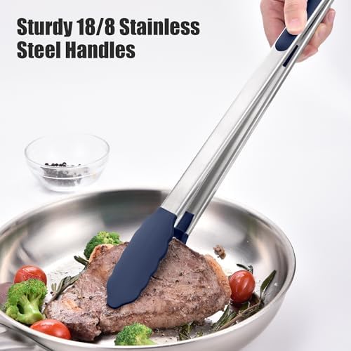 Doosu Kitchen Tongs with Silicone Tips for Cooking Serving (16in, Navy)