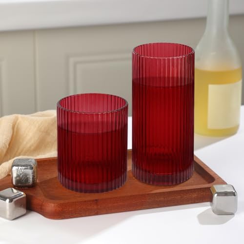 Ribbed Drinking Glasses 8pcs, 12oz and 10oz Glassware, Tumbler Glasses Cup Set for Wedding, Party, Christmas Gift, Red