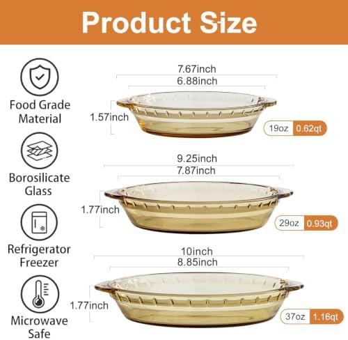 Glass Pie Pan for Baking, Round Glass Baking Dish (Amber 3PCS)