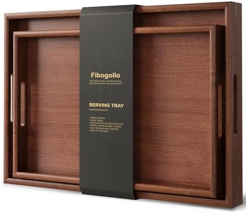 Fibogollo Bamboo Set of 2 Serving Tray with Handles,Decorative Trays Platter,Breakfast Tray in Bed,Food Drinks Tray for Eating,Working,Storing(Brown)