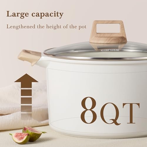 CAROTE Nonstick Stock Pot with Lid, 8 Quart White Granite