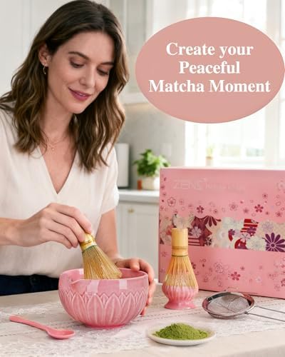 ZENS Premium Matcha Whisk Set, 6pcs Cearmic Matcha Kit & Tools, Pink