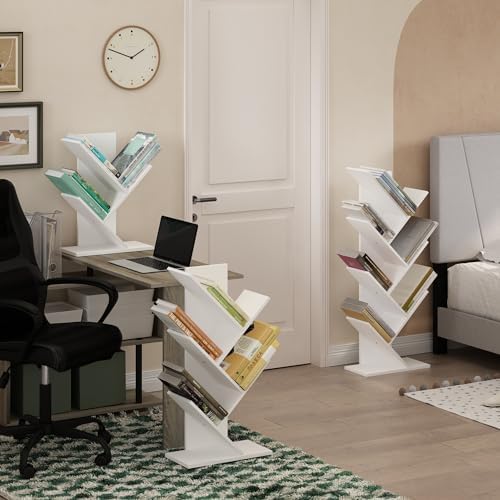 Furinno Tree Book Shelf, 3-Tier Bookshelf with Angled Open Shelf, Tree Bookcase for Room Decor, 8.4 x 15.7 x 21.3, for Organization and Storage, for Living Room, Bedroom, Home Office, White