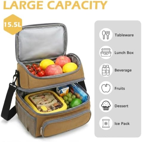 FlowFly Double Layer Cooler Insulated Lunch Bag Adult Lunch Box Large Tote Bag for Men, Women, With Adjustable Strap,Front Pocket and Dual Large Mesh Side Pockets