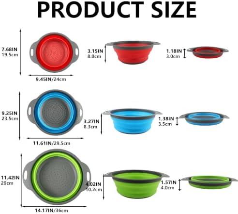 Collapsible Colander Set, 3 Pack Silicone Kitchen Strainer Set, Space Saving Design, Small Round Colander Baskets for Draining Pasta, Vegetable and fruit, (2Qt+3Qt+5Qt)