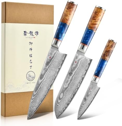 Japanese Chef Knife Set 3 Pcs, 67-Layer Damascus Kitchen Knife Set with VG10 Steel Core, Professional Sharp Damascus Knives with Ocean-Blue Ergonomic Handle, Include Elegant Cooking Gifts Box