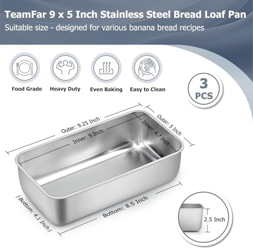 TeamFar Loaf Pan Set of 3, 9 x 5 Inch Bread Loaf Stainless Steel
