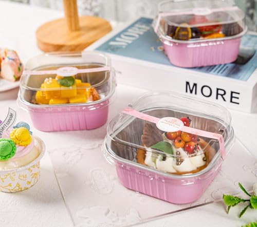 NPLUX Square Cake Pans with Lids, 50 Pack Pink 10oz for Birthday Treats