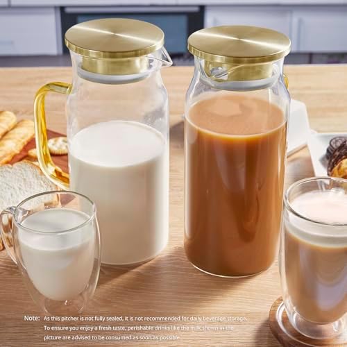 Bivvclaz 2 Liter 68 oz Gold Glass Pitcher with Lid and Handle, Glass Carafe for Hot/Cold Water, Large Iced Tea Pitcher for Coffee, Juice and Homemade Beverage