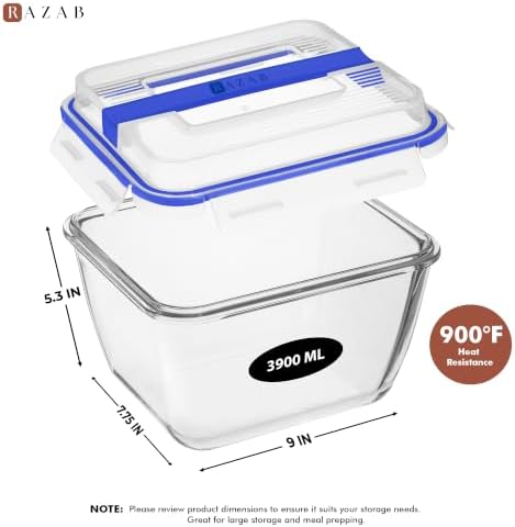 Razab 17 Cups / 132 Oz / 3900ml Large Glass Food Storage Containers with Lids - Leakproof, BPA-Free Large Meal Prep Container Ideal for Roasting Turkey, Store Leftover - Microwave & Oven Safe