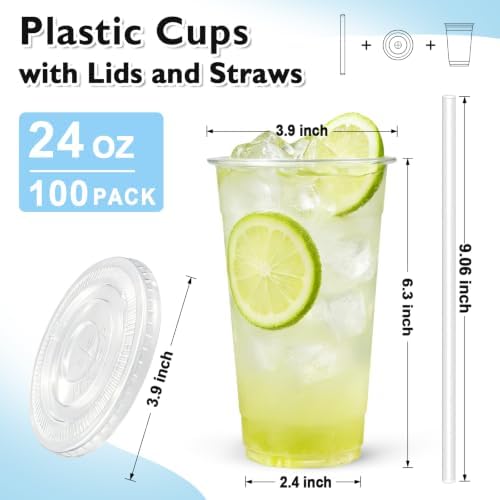 100 Pack 24 oz Disposable Plastic Cups with Lids and Straws