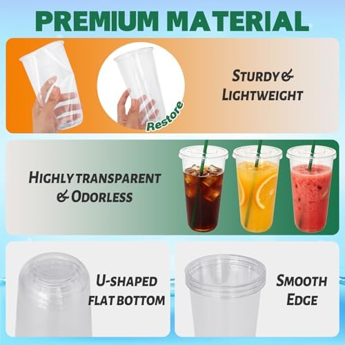 Qinsihwn 25 Sets 20 oz Plastic Cups with Lids and Green Straws,Disposable Iced Coffee Cups,Clear To Go Cups for Cold Drinks,Smoothies,Juice,Party,Picnic