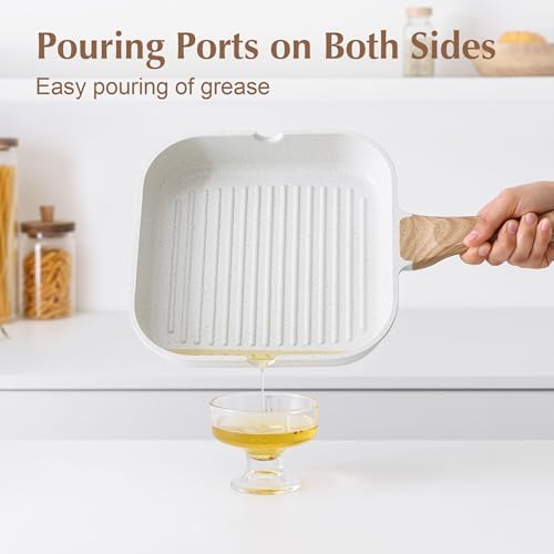 SENSARTE Nonstick Ceramic Grill Pan with Lid, Versatile Square Grilling Pan with Pour Spouts, Durable Grill Skillet for All Stoves(Gas,Electric,Induction) Non Toxic-PTFE,PFAS,PFOA Free, 9.5 Inch