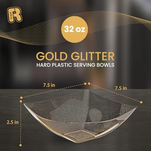 R-kay 6 Pack Gold Glitter Plastic Serving Bowls - 32 Oz Gold Plastic bowls - Salad Bowls Large Serving, Premium Duty For Weddings Catering And Birthday parties