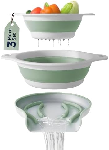 Collapsible Colanders (2 Pack Set) Food Strainers with Over-Sink Water Draining Base for Pasta Fruits and Vegetables (4 and 5 Quart) - White/Sage