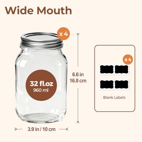 ComSaf 32 oz Wide Mouth Mason Jars 4 Pack Large Glass Jars with Lids