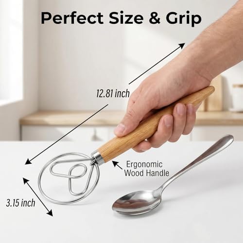 TEEVEA Danish Dough Whisk Wooden Handle Stainless Steel for Sourdough Bread