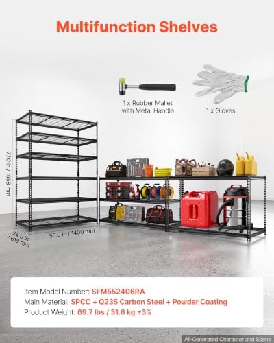 VEVOR Storage Shelves, 6-Tier 3600 lbs Garage Shelving 55 x 24 x 77 in