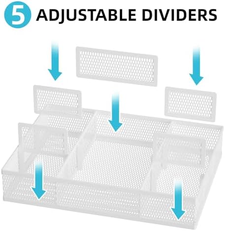 Marbrasse 2 Pack Desk Drawer Organizer, Mesh Drawer Organizer Tray with 8 Adjustable Compartments, Desk Organizers and Accessories, 5 Dividers for Office Supplies, Makeup & Vanity (White)