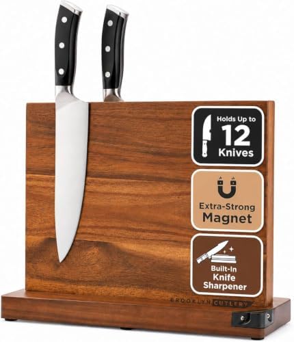 Magnetic Knife Block, Acacia Wood Magnetic Knife Holder for Kitchen Counter Universal Knife Block Without Knives (12 x 10 With Sharpener)