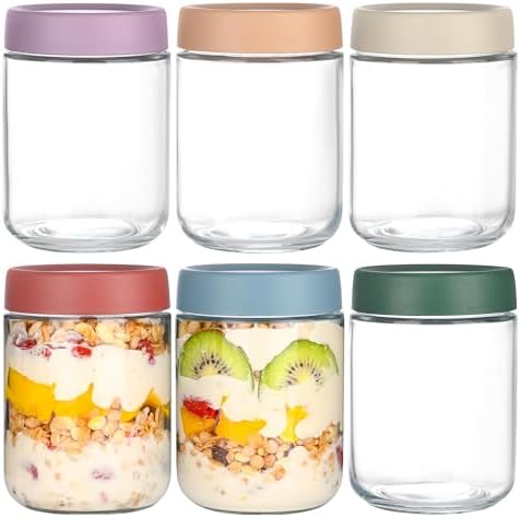 Artcochan Overnight Oats Containers with Lids 16 oz Glass Jars 6 Pack Glass Mason Jars with Airtight Lids, Perfect for Oats, Yogurt, Chia Pudding, Snack
