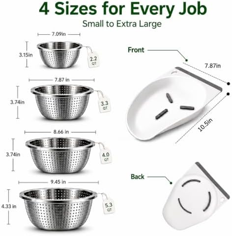 Stainless Steel Colander Set with Self-Draining Silicone Base, 4 Sizes Metal Strainers for Kitchen, Colanders & Food Strainer for Pasta, Fruit, Vegetables & Noodles - 2.2 Qt/ 3.3 Qt/ 4.0 Qt & 5.3 Qt