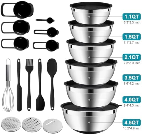ENVTEK Mixing Bowls Set with Airtight Lids,Non-Slip Silicone Bottoms, Black