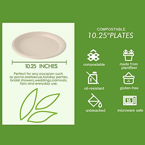 Vplus 150 Pack Compostable Bagasse Paper Plates 10.25 inch, Nature