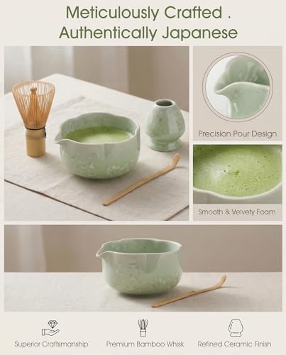 Matcha Set, 4-Piece Matcha Whisk Set with Crystal Glazed Bowl