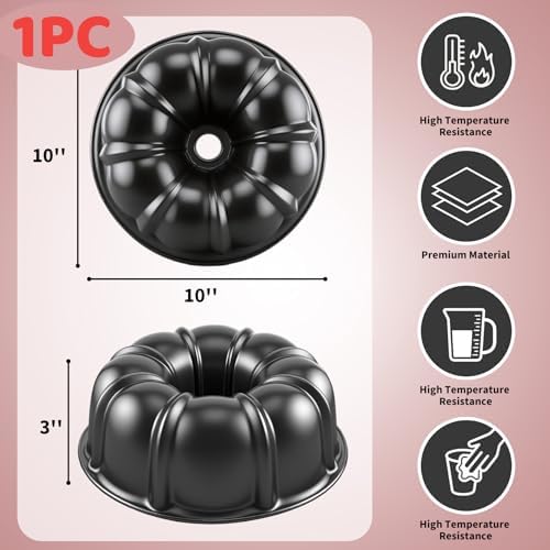 10” Cake Pan, Nonstick Fluted Cake Pan, Buntz Pound Cake Mold,Tube Bakeware,Baking Mold for Jello/Gelatin/Chocoflan, Non Toxic, Easy Clean - Black