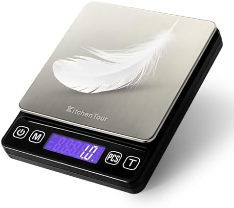 KitchenTour Digital Kitchen Gram Scale - 3000g/0.1g - High Accuracy Precision Food Scale with 9 Units(g/oz/ml/lb/lb:oz/gn/ozt/DWT/ct) - Meat Scale with Back-Lit LCD Display(Batteries Included)