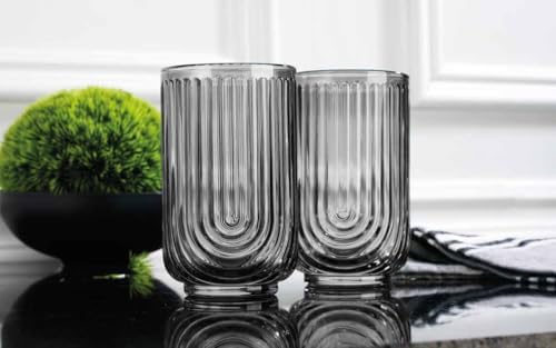 Glaver's Vintage Glassware - Art Deco Ribbed Drinking Glasses, U-Shape Arch Design Colored Cocktail Decorative Party Everyday Kitchen Tumblers, Hand Wash Only (Smoke S/4 17oz)