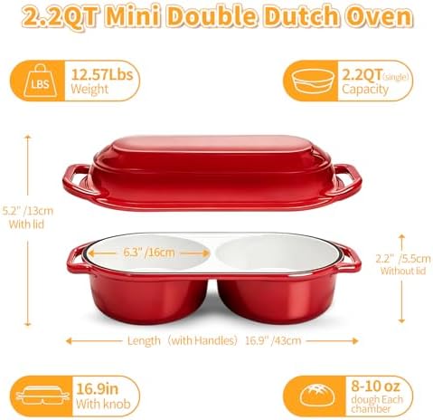 Mini Double Dutch Oven For Sourdough Bread Baking, 2.2QT Enameled Cast Iron