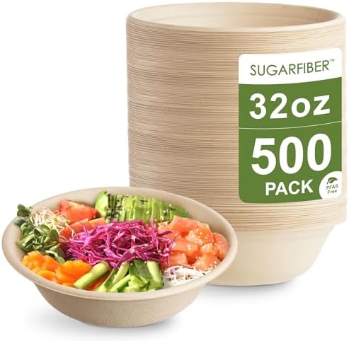 32oz Compostable Paper Bowls Disposable Round Natural Soup Bowls, 500 Count