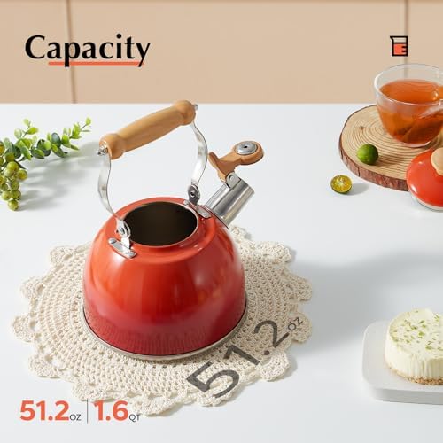 ROCKURWOK Tea Kettle 1.6 Qt Tea Kettles Stovetop Whistling Fast Boil, Red
