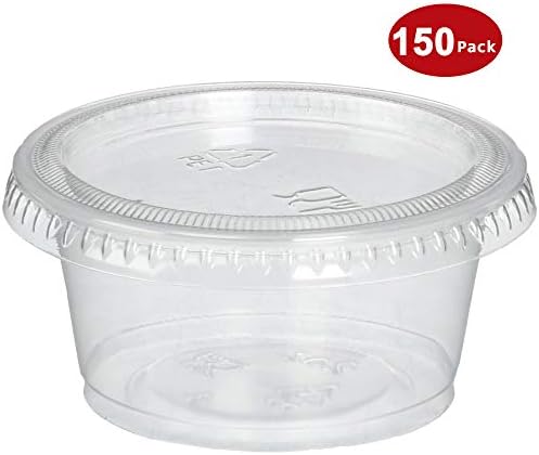 DuraHome Plastic Portion Cups with Lids 2 oz. Pack of 150 Leakproof Jello Shot Cup Mini Containers for Salad Dressing Sauce Condiment Snack Souffle and Salsa, Disposable