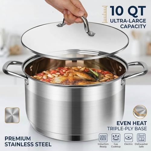 10 Quart Stock Pot, Stainless Steel Pot with Lid For Induction