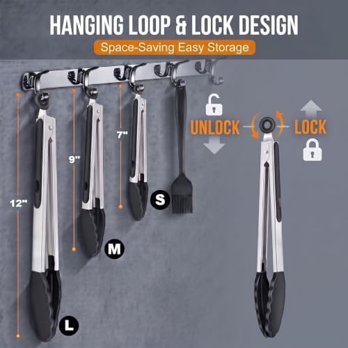 Kitchen Tongs for Cooking, 3 Tongs 7", 9", 12" + Oil Brush, Heat Resistant 600°F, Non-Slip Silicone Tips, Heavy Duty Metal Locking Tongs, Black, Salad, BBQ Grill, Pasta Silicone Tongs, Dishwasher Safe