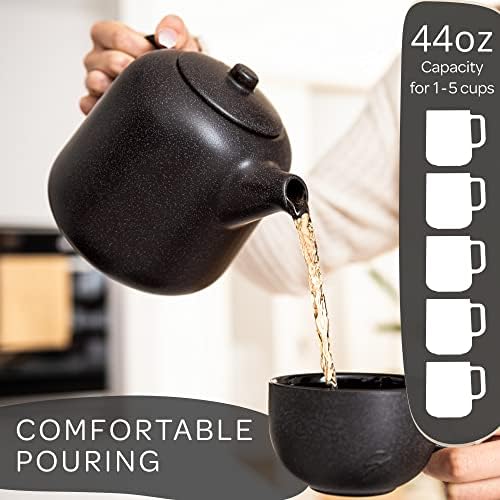 Steinzeit Design Tea Pot with Warmer (44 oz) - Premium Ceramic Teapot with Infuser for Loose Tea - Black Teapot Ceramic with Removable Steamer