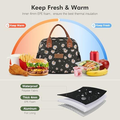HOMESPON Insulated Lunch Bag for Women Men, Cooler Tote Box, Black Daisy